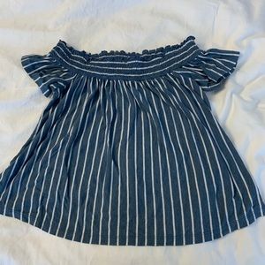 Blue off-the-shoulder striped tee :)